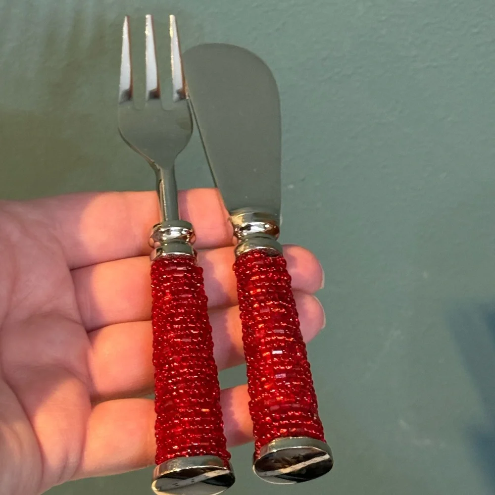 Pottery Barn Red Beaded Handle Appetizer Fork and Spreader Set